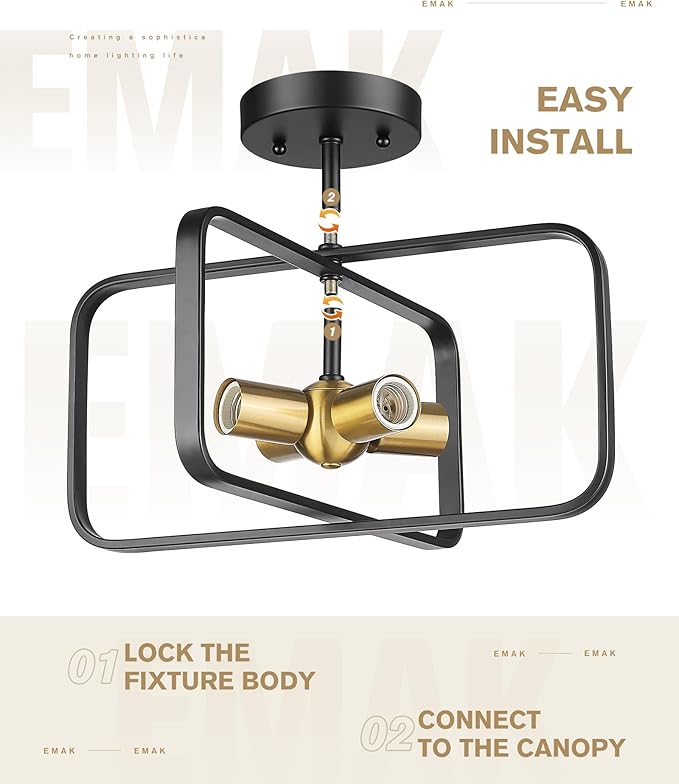 Emak Black and Gold Ceiling Light Fixture, Modern 16 Inch Semi Flush Mount Ceiling Lights with Metal Frame, 4 Light Fixtures Ceiling Mount for Hallway, Bedroom, Bathroom, Kitchen, FM084-BKBGD