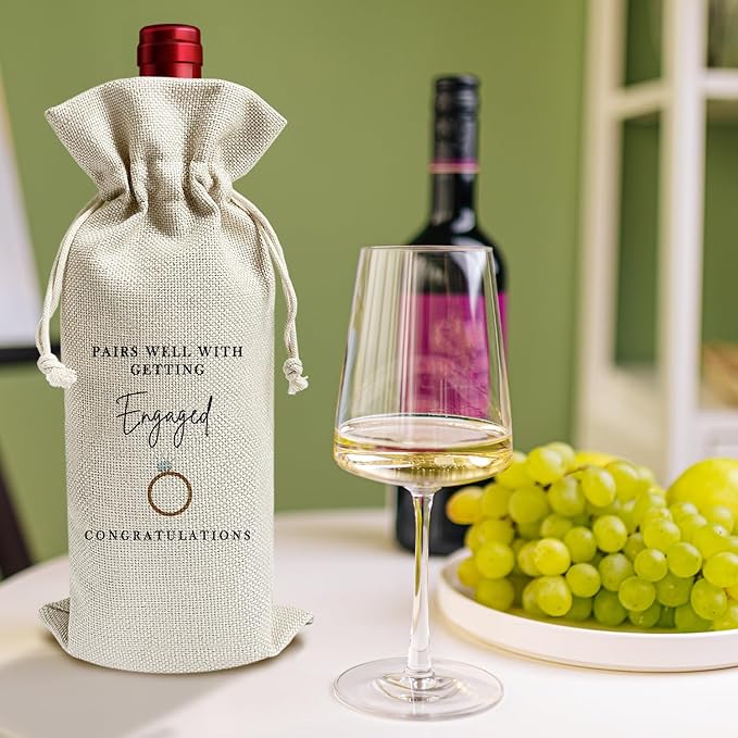 Pairs Well with Getting Engaged - Gifts for Couples Wine Bags, 1 PC Reusable Drawstring Burlap Wine Bottle Bags, Engagement Gifts for Bride Groom, Wine Accessories Engagement Party Favors -06