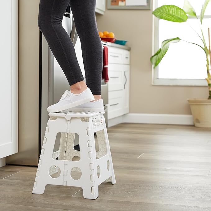 Casafield 16" Folding Step Stool with Handle, White - Portable Collapsible Small Plastic Foot Stool for Adults - Use in The Kitchen, Bathroom and Bedroom
