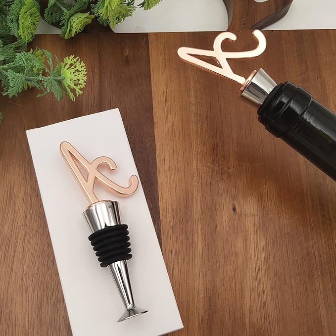 Monogram Wine and Beverage Bottle Stopper, Initial letter wine stoppers Decorative, Creative Wine Gift for Kitchen Bar Wedding Rose Gold Finish,Reusable, letter A