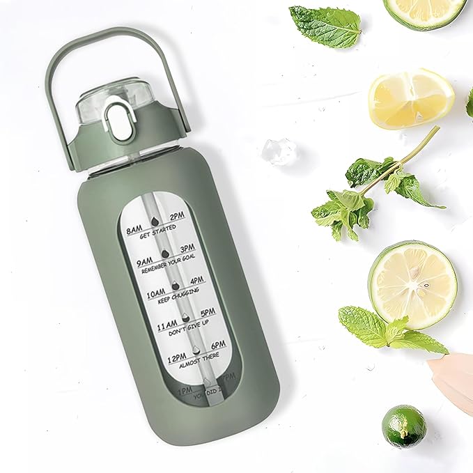 64oz Glass Water Bottle with Straw - Half Gallon Large Motivational Water Bottle with Silicone Sleeve Time Marker, Ideal for Gym, Sports, Workouts, Daily