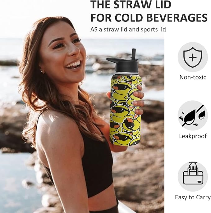 32 oz Duck Water Bottle Insulated Vacuum Stainless Steel Sports Water Bottle with 2 Lids (Straw and Spout Lid) for Gym Camping Hiking