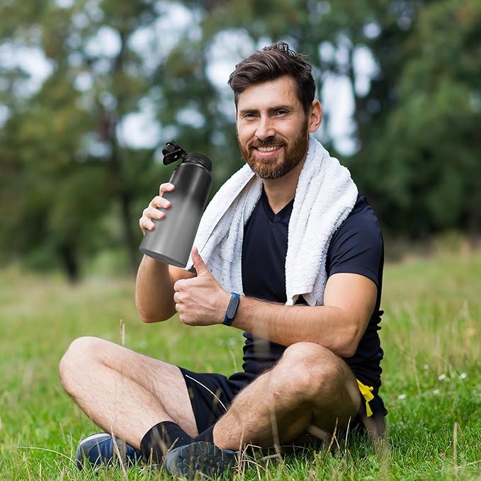 40oz Insulated Water Bottle with 3 Lids(Straw, Hand and Spout Lid), Double Vacuum Stainless Steel Metal Water Flask(BPA-free, CPC) for Sports, Camping, Hiking, Cycling, Fitness and more(Black Grey)