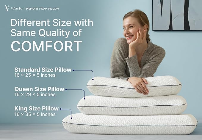 Vaverto Queen Size Gel Memory Foam Pillow - Ventilated, Orthopedic, Bed Pillow, Cooling, with Viscose Made from Bamboo Cover - Essential for College Dorms