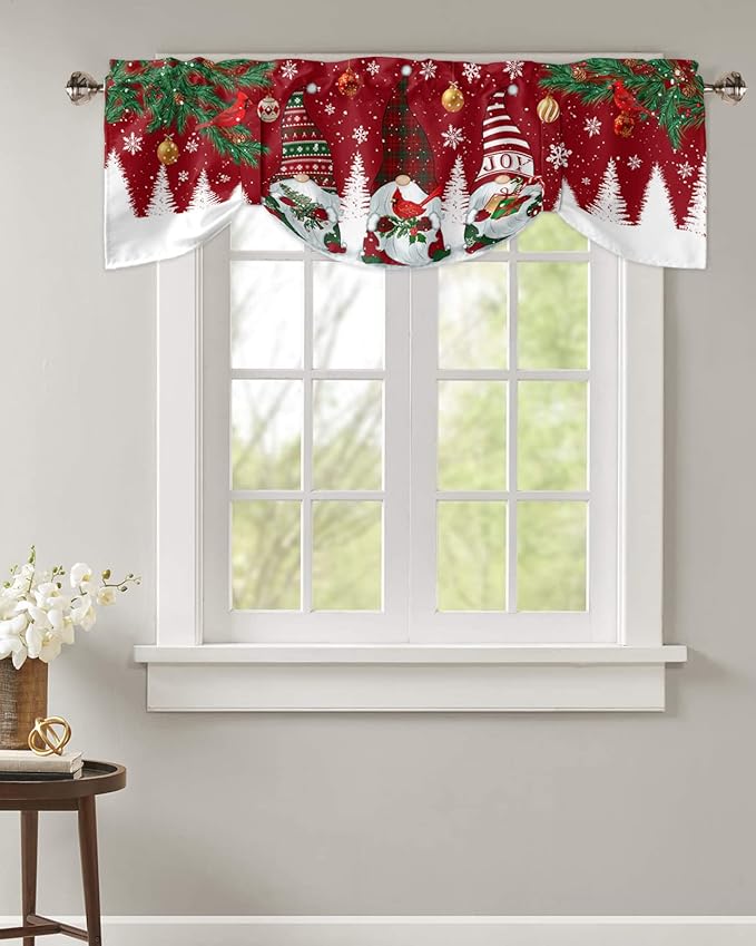 Christmas Gnomes Blackout Tie Up Valance Curtains for Kitchen Windows Red Winter Holidays Window Toppers Balloon Shades for Living Room/Bathroom/Bedroom,1 Panel,54" X 18" White Snowflakes Xmas Trees