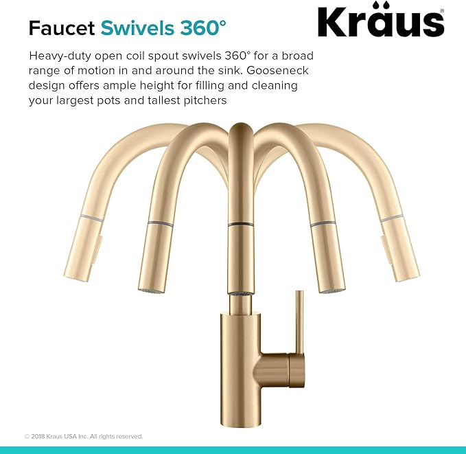 KRAUS Oletto Single Handle Pull Down Kitchen Faucet with QuickDock Top Mount Installation Assembly in Spot-Free Brushed Brass, KPF-2620BB