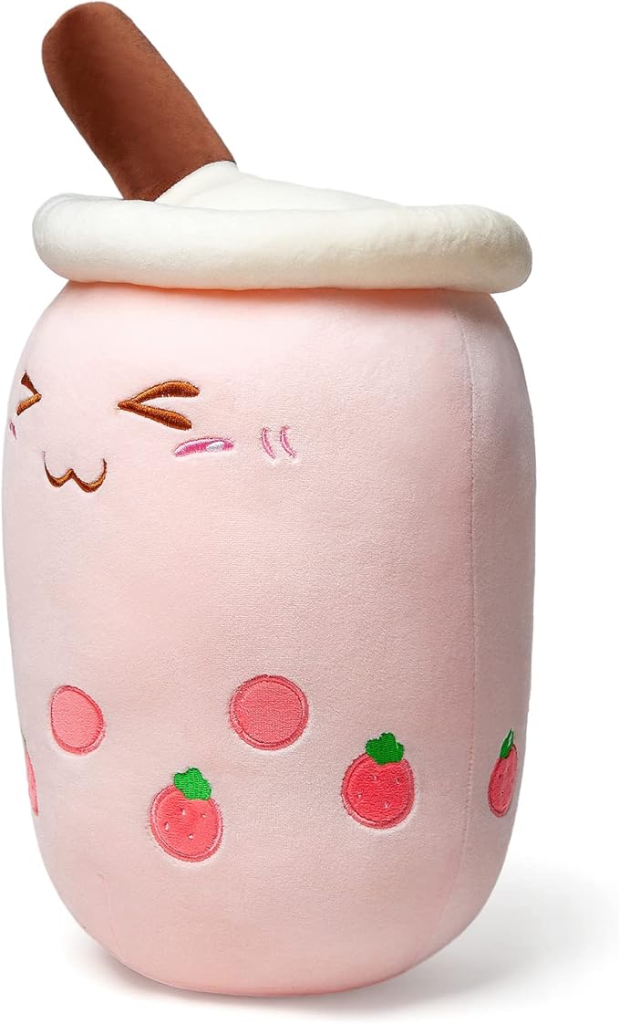 Niuniu Daddy Strawberry Boba Plushies -13.7inch Kawaii Pink Bubble Tea Stuffed Animals- Soft Squishy Milk Tea Plush Cuddle Pillow- Adorable Plushie Food Toys for Kids-Plushies Gift for Easter Basket