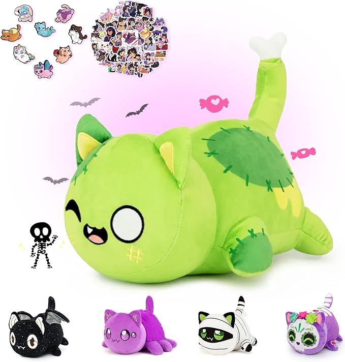 69-PCS 丨 11-inches Luminous Cat Plush + 60-Sticker + 8-Pcs Shoe Charms - Ghost Cat Collection - 100% Embroidered Plushie - Cat Stuffed Animal Collectible (Luminous Cat)