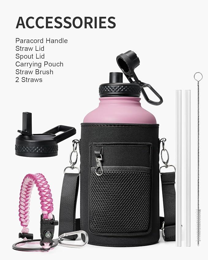 Half Gallon Water Bottle,64oz Insulated Water Bottle Stainless Steel Vacuum,Cold for 48 Hrs,BPA-Free & Leakproof -with Paracord Handle,Strap,Straw Spout Lids,Big Flask Jug for Gym Sports,Pink