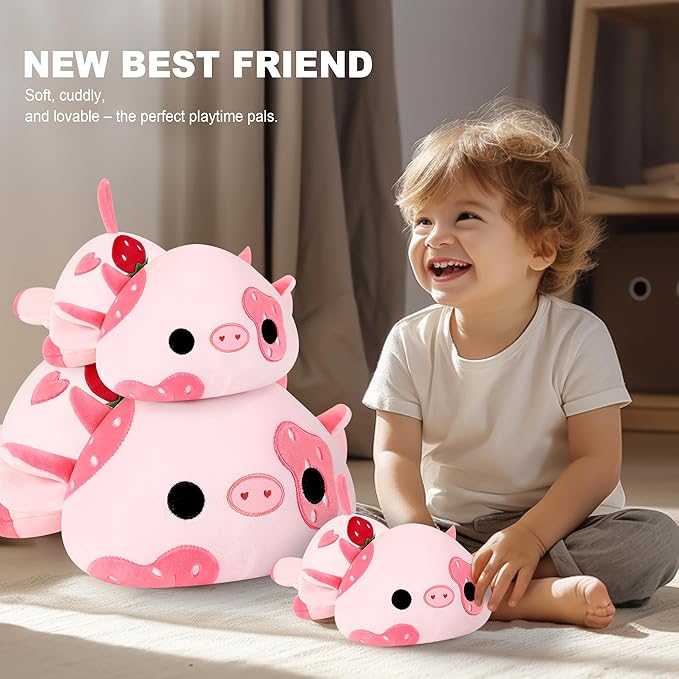 Onsoyours Cute Cow Plushie, Soft Stuffed Strawberry Cow Squishy Plush Animal Toy Pillow for Kids (Strawberry Cow, 9")