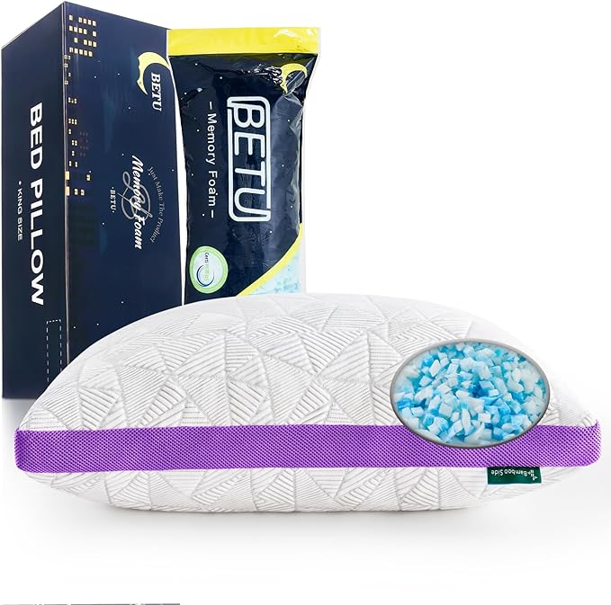 BETU Cooling King Pillow, Shredded Memory Foam Cool Pillow for Hot Sleepers, Adjustable Firm Soft Support Bed Pillows Perfect for Back Neck Pain and Side Sleeping with Pillow Case Cover, Purple