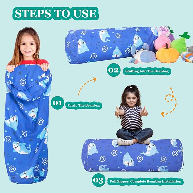 Stuffed Animal Bean Bag Storage Chair for Kids Cover Only (No Filler), Organize, Sit, Play & Boxing, 100% Cotton Canvas Washable, Ultra Soft Cylinder Long Vertical Zipper Best Gift for Child