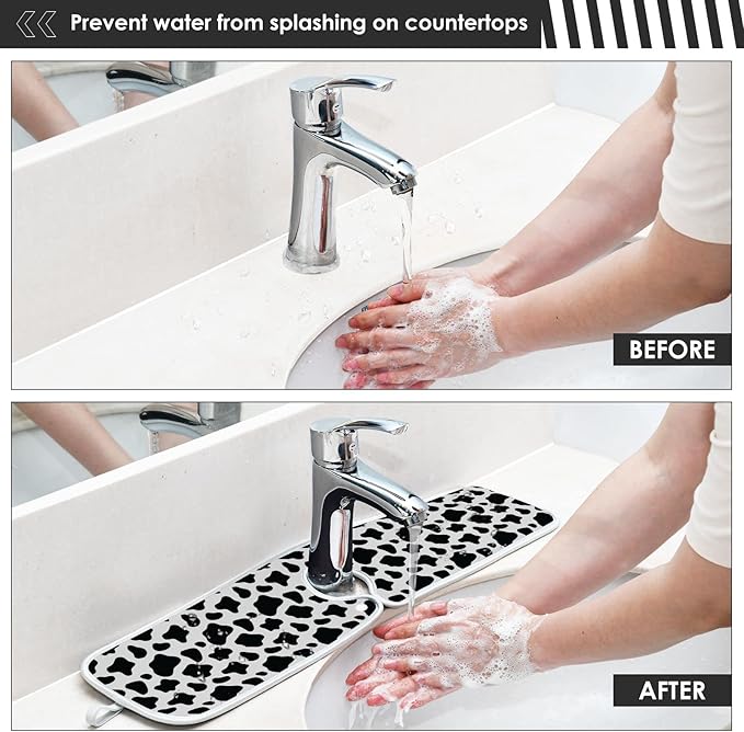 Kitchen Faucet Absorbent Mat,Cow Print Water Splash Guard for Sink, Faucet Drip Catcher Thicken Sponge Microfiber Faucet Water Catcher Mat Sink Absorbent Mat for Kitchen 14x5in 2 Pack