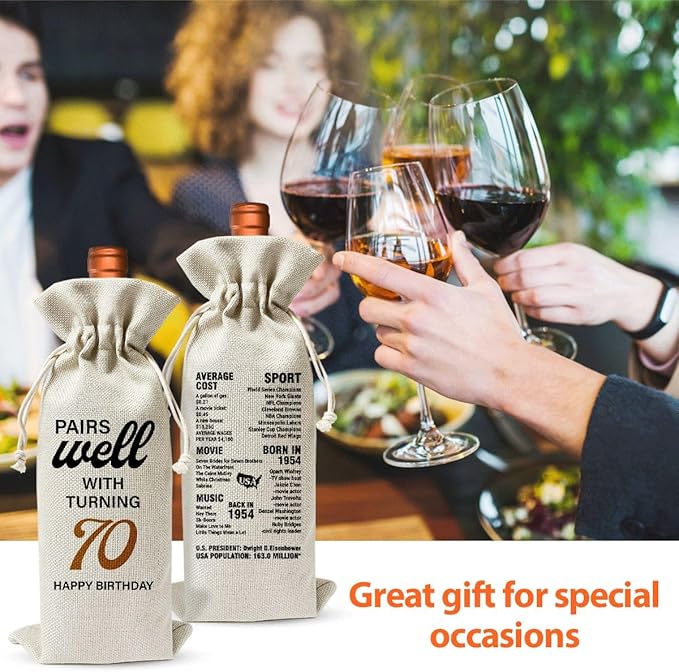 70th Birthday Wine Gift Bag For Mom Dad Women Men Her Him Grandfather Grandmother, 1954 Birthday Gift, 70th Birthday Party Supply Favors, 70th Anniversary Wine Bag, Reusable Linen Wine Bag Gift