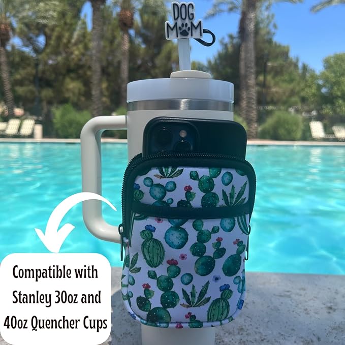 Neoprene Water Resistant Water Bottle Pouch with Adjustable Velcro, Gym Accessories, Sports Armband, Compatible with Stanley Quencher (Cactus)