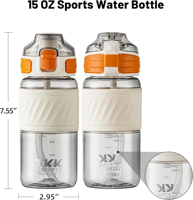 TKK 15oz Sports Water Bottles with Removable Straw Durable BPA Free Tritan Bottles Leak-Proof Water Bottles for School, Fitness, Gym, Outdoor, White