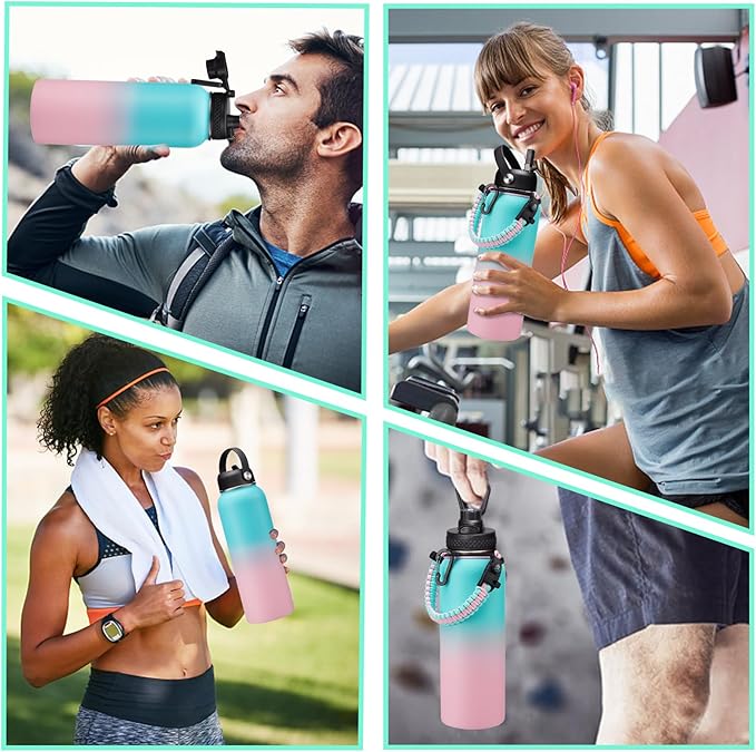 40 oz Insulated Water Bottle - Stainless Steel Water Bottles with Straw & Spout Lids, Paracord Handle, Carrier Bag with Strap, Protective Cup Mat, Keep Cold-48H & Hot-12H Metal Water Flask