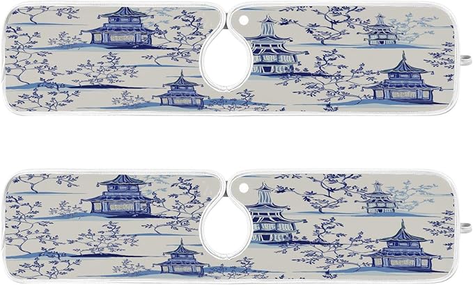 Kitchen Faucet Absorbent Mat, Ink Chinese Pagodas Trees Water Splash Guard for Sink, Faucet Drip Catcher Thicken Sponge Microfiber Faucet Water Catcher Mat Sink Absorbent Mat for Kitchen 23x5in 2Pack