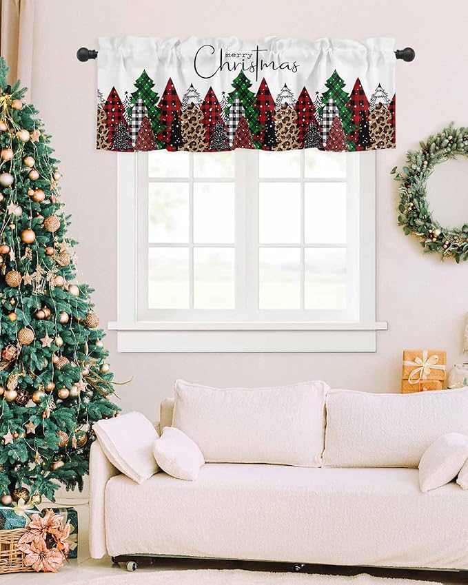 Merry Christmas Valance Curtains for Kitchen Windows Buffalo Plaid Xmas Tree Winter Forest Farmhouse Rod Pocket Window Treatment Toppers for Kitchen/Living Room/Bedroom/Bathroom, 42" X 12",Red Green