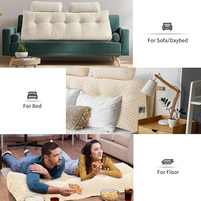 Wedge Headboard Pillow - Bed Wedge Pillow for Headboard Triangular Headboard Pillow with Neck Roll Pillow-Large Bolster Pillow for Sitting in Bed Backrest Positioning Support (Beige,76x8x20 Inches)