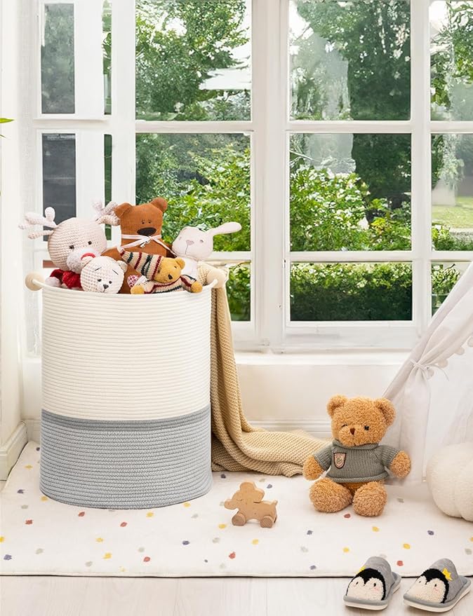 StorageWorks 72L Cotton Rope Laundry Basket with Wooden Beads Handles, Woven Basket for Storage, Dirty Clothes, Kids Toys, Towels, White & Grey