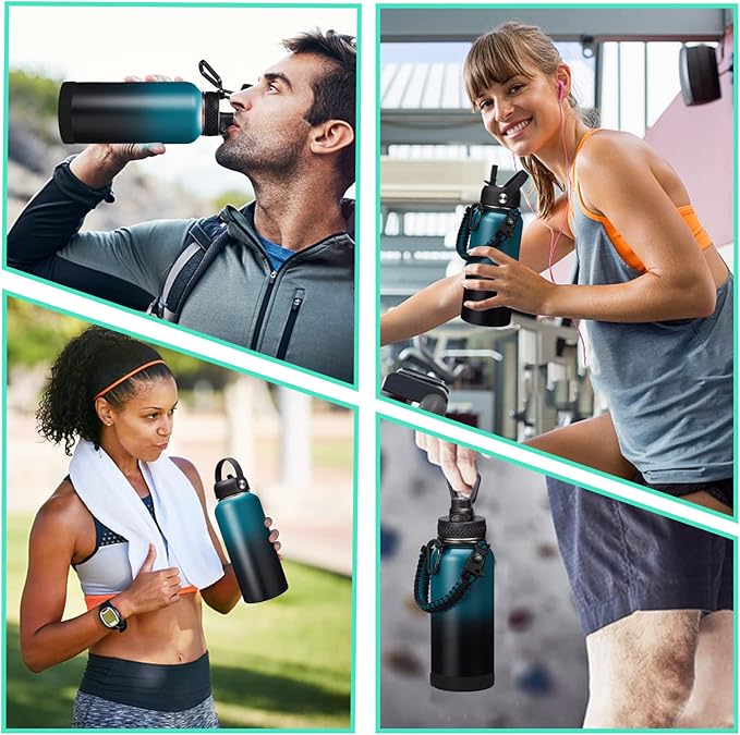 Vacuum Insulated Water Bottle 32oz - with Straw & Spout Lids, Paracord Handle, Shoulder Carrier Bag, Large Sport Stainless Steel Water Bottle, Double-wall Metal Water Bottle Thermal Hydro Mug Flask