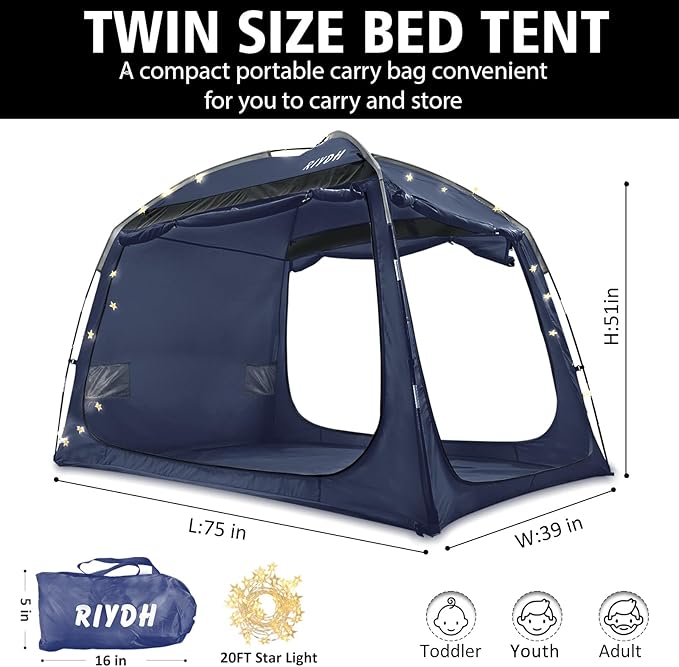 Bed Tent Bed Canopy Breathable 100% for Adult and Kids Light Reduction Sleeping Dream Tents Indoor Portable Big Space with String Light 3 Doors Twin Full Queen King Size