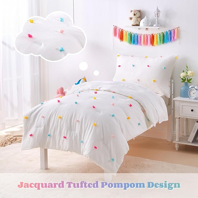 4 Piece White Boho Toddler Bedding Sets for Girls Colorful Pom Pom Comforter Set Jacquard Tufted Dot Crib Bed Sheets Set for Baby Bed in a Bag, Include Comforter, Flat Sheet, Fitted Sheet, Pillowcase