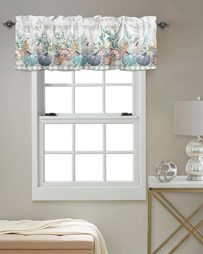 Fall Thanksgiving Kitchen Curtains Valances for Windows Navy Blue Pumpkins Green Eucalyptus Leaves Rod Pocket Window Treatment for Kitchen /Living Room/Bedroom/ Bathroom 60" X 18",Sage Farmhouse Plaid