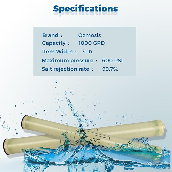 Ozmosis LP-4021 RO Reverse Osmosis Low-Pressure Membrane 4"x21", High Salt Rejection, Lower Energy, 150 PSI, 1000 GPD Water Filtration, Made with Premium Toray Brand Sheets and Dow Glue