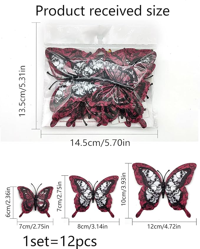 Halloween Wall Stickers 12Pcs Butterfly Wall Decor Red Roses Skull Design Halloween Wall Decorations 3D Butterflys Wall Decals Reusable Wall Stickers Decor for Halloween Home Door DIY Accessories
