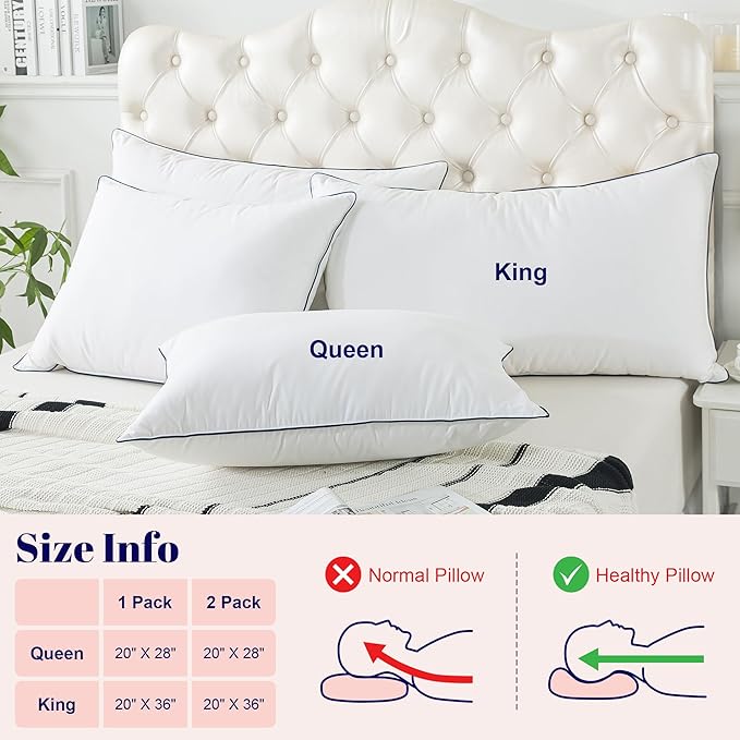 Cosybay Goose Feather and Down Bed Pillow, Premium Medium White Pillow Inserts for Sleeping, Luxury Bedding Pillows for Side and Back Sleepers, King Size, 20x36 Inches, 2 Pack