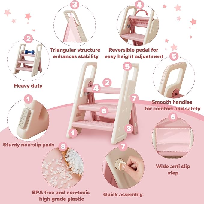 Folding Toddler Step Stool for Bathroom Sink,Adjustable 3 to 2 Step Stools for Toilet Potty Training,Sturdy Kids Step Stool for Kitchen Counter with Handle,Pink