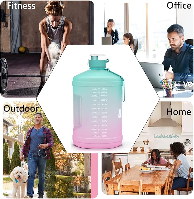 Gallon Big Water Bottle with Handle, 128oz Leakproof BPA Free Fitness Sports Water Bottle with Motivational Time Marker & Wide Mouth Ensure You Drink More Water