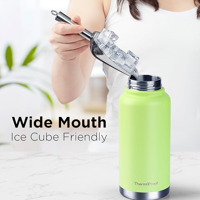 ThermoProof Double-Walled Vacuum Insulated Stainless Steel Water Bottle - Wide Mouth Canteen with Spout & Straw Lids, Dishwasher Safe, Reusable, Leakproof, BPA-Free - 32oz, Fresh Mint