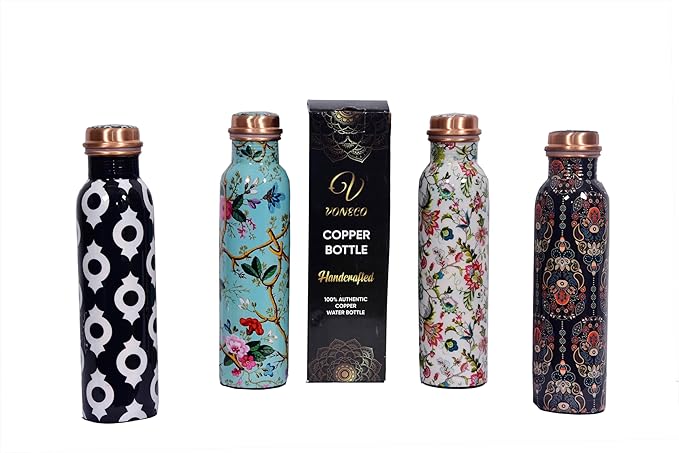 Copper Bottle For Drinking Water 33 Oz Ayurvedic Leak Proof lid Enamel Multi Colour Design Durable Lightweight Hand Washable Vessel Clean Cool Water Natural Minerals Boost Energy Water Utensil