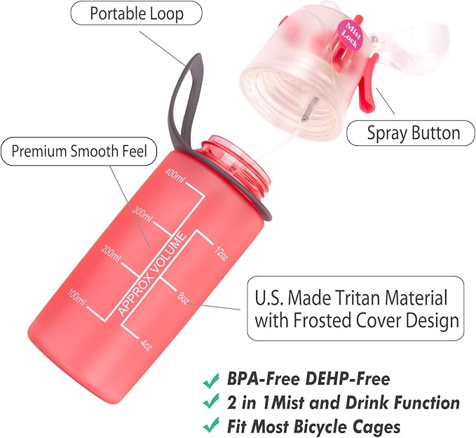 Misting Water Bottle, Spray Mist Sports Bottle for Outdoor Sport Hydration and Cooling Down, BPA-Free Misting Water Bottle with Unique Mist Lock Design (Pink-16oz)