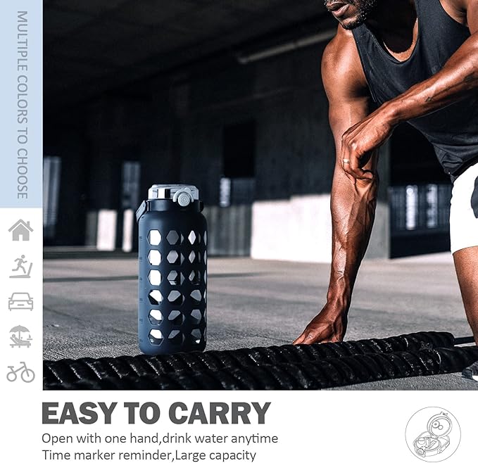 MUKOKO 56oz Glass Water Bottles with Straw and Lid,Motivational Water Jug with Time Marker Reminder and Silicone Sleeve,100% Leakproof BPA Free Fitness Sports Large Bottle-Blue