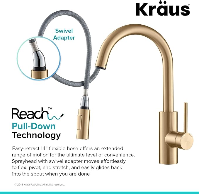 KRAUS Oletto Single Handle Pull Down Kitchen Faucet with QuickDock Top Mount Installation Assembly in Spot-Free Brushed Brass, KPF-2620BB