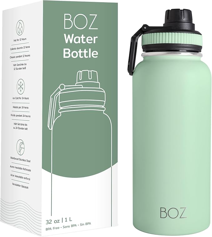 BOZ Stainless Steel Water Bottle - Vaccum Insulated Water Bottle 32 Oz - Wide Mouth BPA Free Sport Water Bottle for Gym with Spout Lid - Thermal Hot & Cold 1 Litre Green Water Bottle