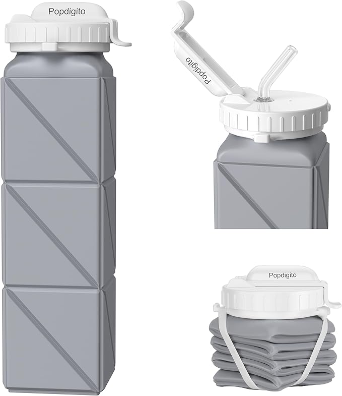 Collapsible Water Bottles,BPA-Free Leak-Proof Silicone Foldable Water Bottle Cup 20.6oz,Durable Lightweight Bottle for Gym Travel Camping Hiking Running (Type2 Grey)