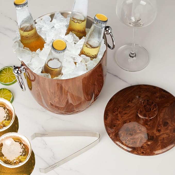 Ice Bucket with Lid, 3L Diamond Bottom Design Double Wall Stainless Steel Insulated Ice Bucket, Champagne Bucket, Wine Bucket for parties, cocktail bar, Teakwood