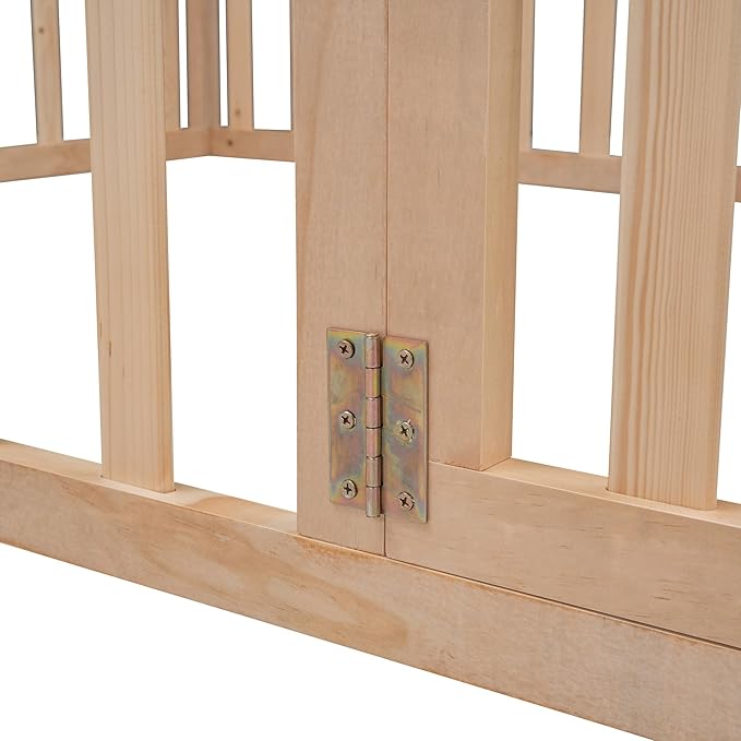 Full Size Floor Bedframe with Door and Safety Guardrails Fence, Solid Wooden Toddler Montessori Platform Bed for Children Bedroom, Boys Girls, Kids Playroom