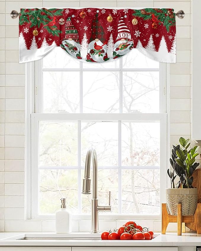 Christmas Gnomes Blackout Tie Up Valance Curtains for Kitchen Windows Red Winter Holidays Window Toppers Balloon Shades for Living Room/Bathroom/Bedroom,1 Panel,54" X 18" White Snowflakes Xmas Trees