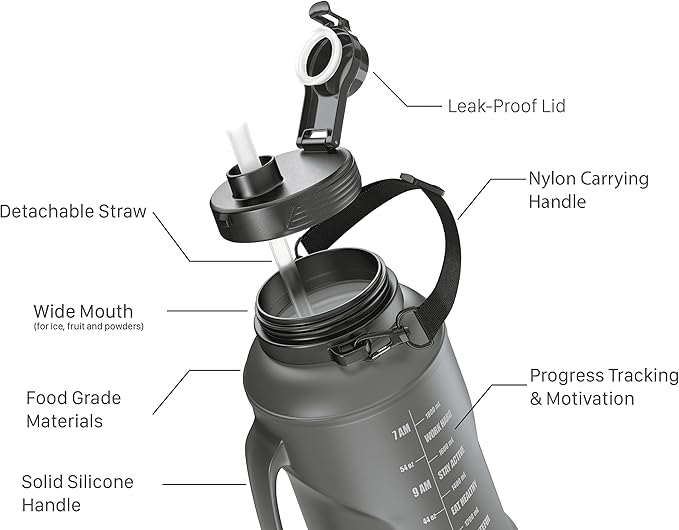 Collapsible Water Bottle for Traveling, Workout or Hiking 64oz Gen 2.0 - Motivational Water Bottle with Time Markings - Half Gallon / 2 L Capacity - BPA Free & Dishwasher Safe (Modern Black + Filter)
