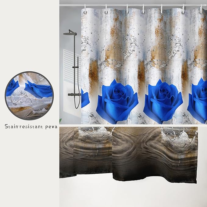 AILONEN Blue Rose Shower Curtain for Girls 3D Rose Water Droplet Retro Bathroom Decor,Modern Rose Flower Couple Lover Women Bath Curtain 72" W*72" H Polyester Waterproof Bathroom Curtain with Hooks