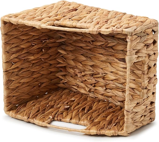EZOWare Woven Open Front Storage Baskets, Natural Water Hyacinth Wicker Storage Trapezoid Organizer Bin Boxes with Handles for Closet Clothes Kids Room Nursery, Empty Decorative Gift - Set of 2