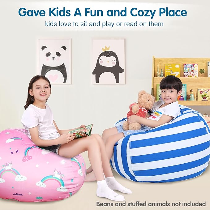 Lukeight Stuffed Animal Storage Bean Bag Chair Cover for Kids, Zipper Beanbag Chair Cover for Organizing Toddler and Kids' Rooms Plush Toys (Blue+White Velvet, X-Large)