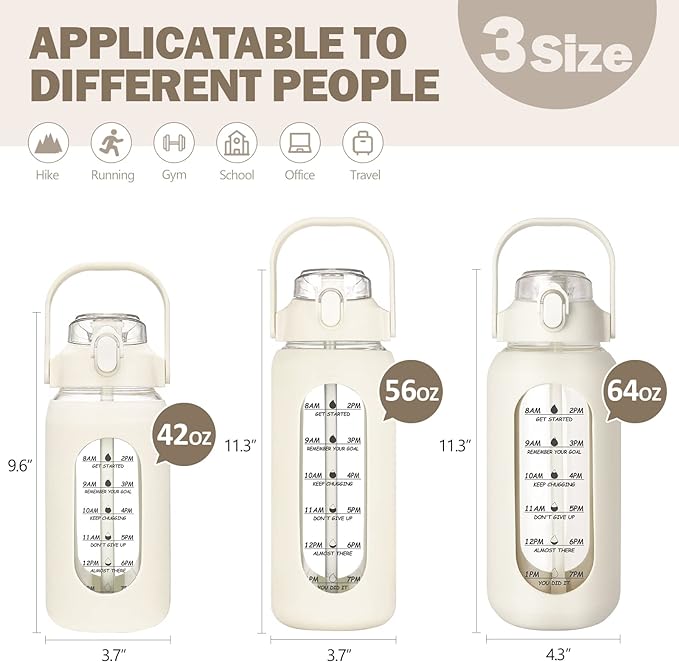 kytffu 56oz Glass Water Bottles with Straw, Motivational Glass Bottle with Silicone Sleeve and Time Marker, Leakproof Large Glass Water Jug for Gym Home Office,White