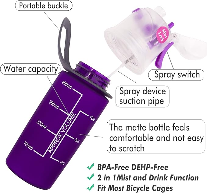 Misting Water Bottle, Spray Mist Sports Bottle for Outdoor Sport Hydration and Cooling Down, BPA-Free Misting Water Bottle with Unique Mist Lock Design (Purple-14oz)